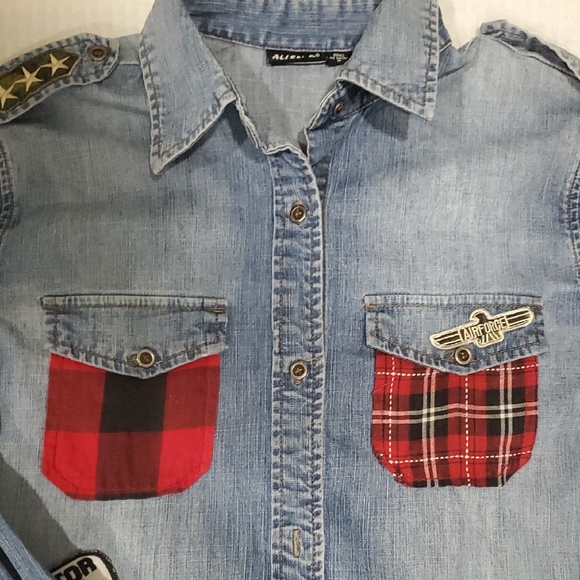 Allen B. By Allen Schwartz Blue Denim Button Down Upcycled Shirt Size M - Picture 3 of 16